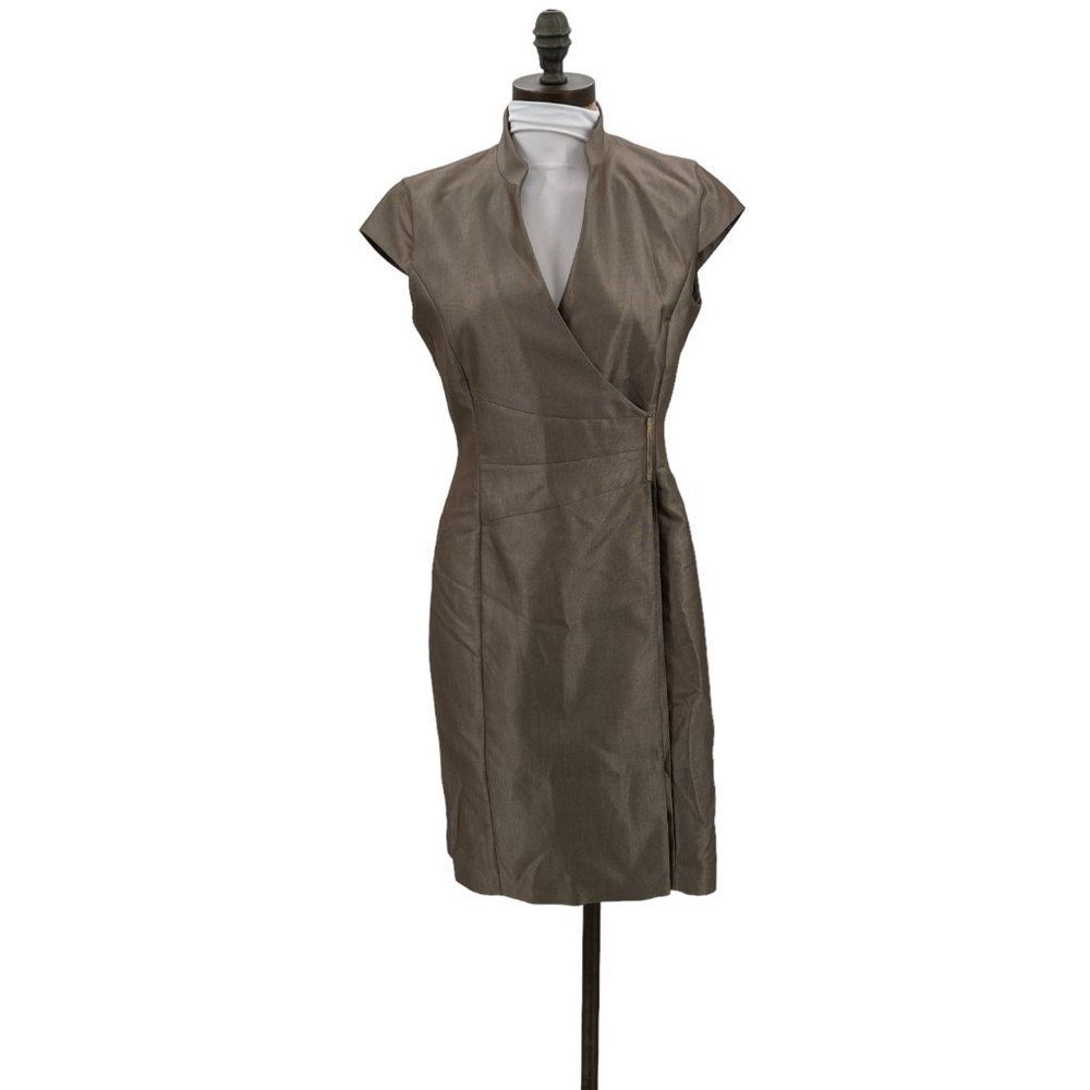 Calvin Klein Gold Brown Cap Sleeve Wrap Dress Size 4 Gold Bar Chic Edgy - Picture 2 of 16